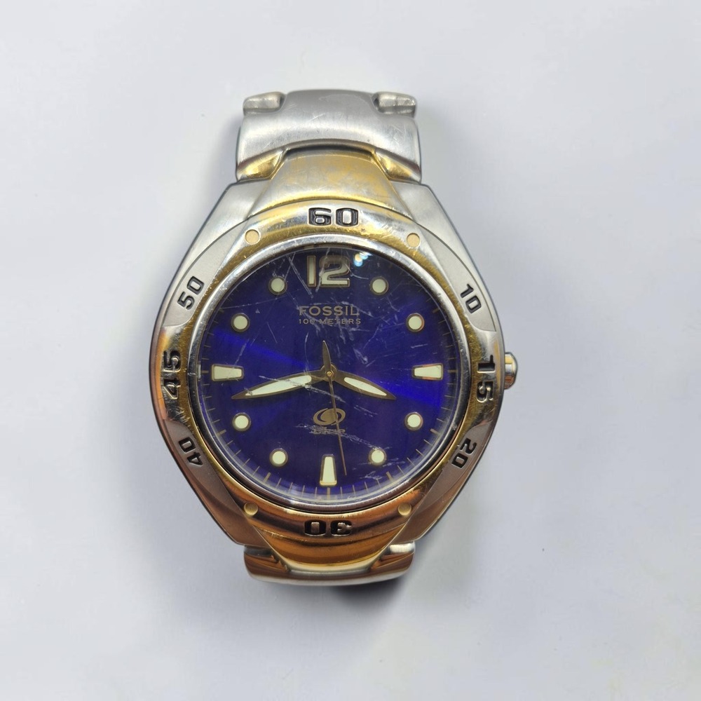 Fossil Blue Watch Mens Two Tone Stainless Steel Blue Dial Y2K Sport Need Battery